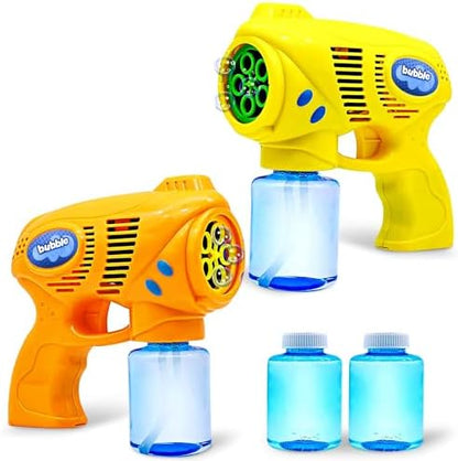 JOYIN 2 Bubble Guns with 2 Refill Solution (10 oz Total), Bubbles Maker, Blower for Kids, Toddlers, Outdoors Activity, Birthday Gift, Easter Basket Stuffers (Yellow+Orange)