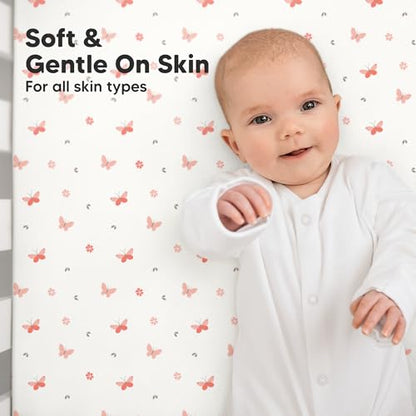 KeaBabies 2-Pack Organic Crib Sheets for Boys, Girls - 52x28 Fitted Crib Mattress Sheet Neutral, Breathable Jersey Cotton Cover for Baby Bed, Toddler Mattress, Soft & Cute Prints (Butterflies)