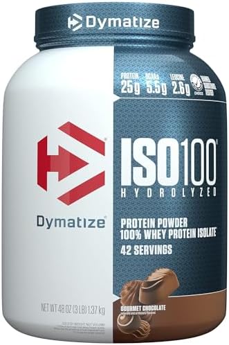 Dymatize ISO100 Hydrolyzed Protein Powder, 100% Whey Isolate Protein, 25g of Protein, 5.5g BCAAs, Gluten Free, Fast Absorbing, Easy Digesting, Gourmet Chocolate, 3 Pound (42 Servings)