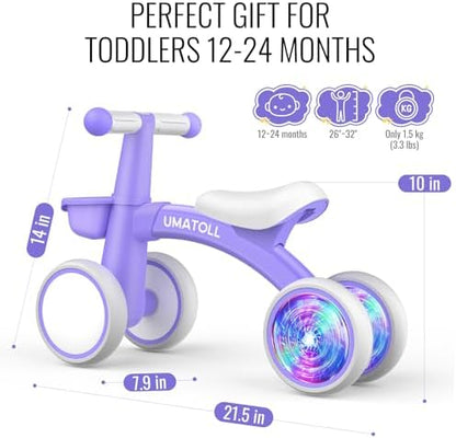 Umatoll Colorful Lighting Baby Balance Bike for 1 Year Old Boys Girls, 12-24 Months Toddler Bike with Basket, Adjustable Seat, First Birthday Gift (Purple)