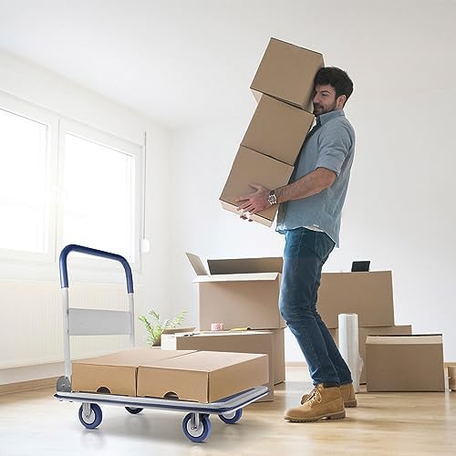 Heavy Duty Foldable Push Cart Dolly | 330 lbs. Capacity | Upgraded Collapsible Hand Truck Platform with Swivel Wheels | Flat Bed Moving Wagon | Space Saving Push Handle (Blue)