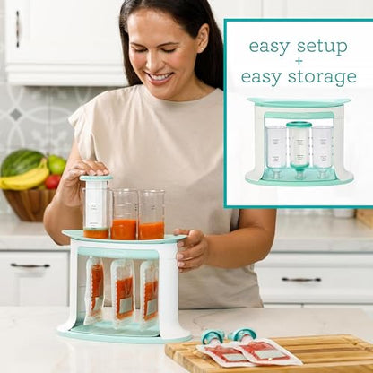 Infantino Squeeze Station, Baby Food Maker & Pouch Filler, Fill 3 Reusable Pouches at Once, Easy to Use, Dishwasher Safe, Homemade Baby Food Prep Essential, Teal