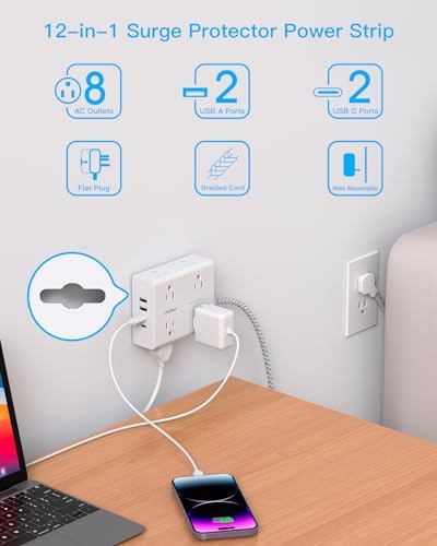 Surge Protector Power Strip 15 Ft Cord, Ultra Thin Flat Extension Cord with 8 Outlets 4 USB Ports(2 USB C), Flat Plug Power Strip, 15 Ft Long Braided Power Cord for Home, Office, Dorm Room Essentials