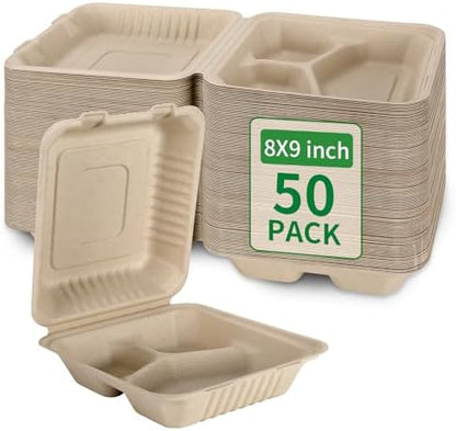 Aricsen 50 Pack 3 Compartment Compostable 8x9 Inch Takeout Lunch Box Containers with Lid To Go Take Out Clamshell for Food, Disposable Eco-Friendly Biodegradable Bagasse, PFAS-Free, Brown