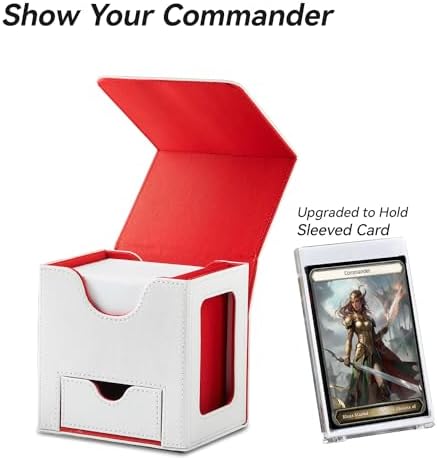 Card Deck Box for MTG Commander - Patented Design, Commander Display, Fits 100 Double-Sleeved Cards, 35pt Card Brick & Dice Tray - White/Red