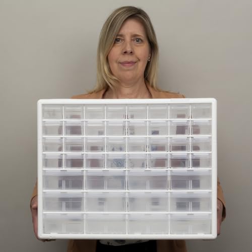 Akro-Mils 44-Drawer Plastic Drawer Storage Cabinet for Garage Organization, Bead Organizer, Building Bricks Storage, Teacher Toolbox, Makeup Organizer, 20-Inch W x 6-Inch D x 16-Inch H, 10144 White