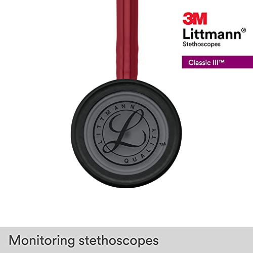 3M Littmann Classic III Monitoring Stethoscope, 5868, More Than 2X as Loud, Weighs Less, Stainless Steel Black-Finish Chestpiece, 27" Burgundy Tube, Black Stem and Headset
