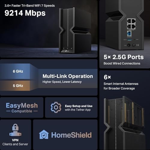 TP-Link Tri-Band BE9300 WiFi 7 Router (Archer BE550) - 6-Stream, Full 2.5G Ports w/ 6 Internal Antennas, Up to 2,000 Sq Ft, Add Easy-Mesh Device for Extended Coverage, VPN Support, Free Expert Support