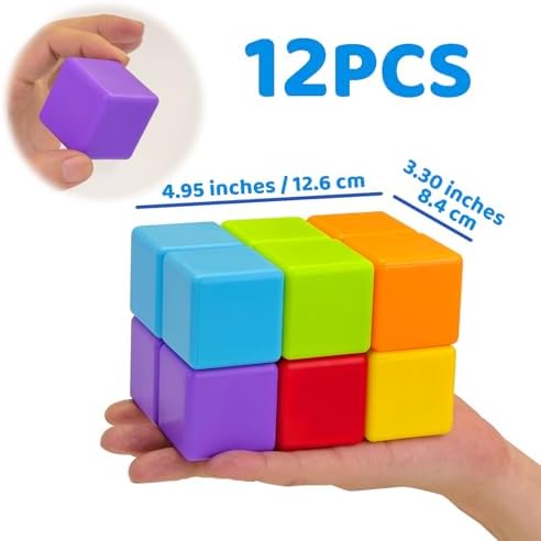 Magnetic Building Blocks Large, 1.65 inch Magnetic Stacking Cubes for Toddlers, Sensory & Montessori Toys for Boys & Girls 1 2 3 Years Old (12 PCS)