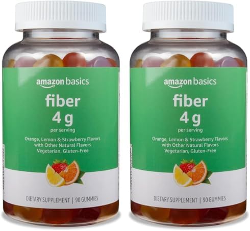 Amazon Basics (previously Solimo Fiber 4g Gummy - Digestive Health, Supports Regularity, Orange, Lemon & Strawberry, 90 Gummies (2 per Serving) (Pack of 2)