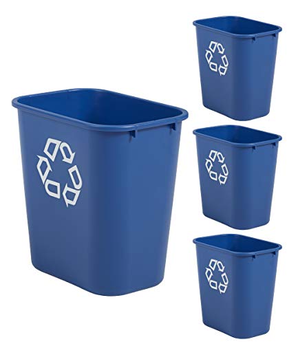 Rubbermaid Commercial Products Deskside Recycling Can, 7-Gallon/28-Quart, Blue Recycling Symbol, Plastic, for Bedroom/Bathroom/Office/Under Desk/Sink, Pack of 4