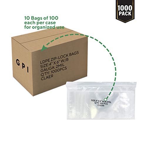 Clear Plastic Reclosable Zip Bags - GPI Case of 1000 4" X 6" 2 Mil Thick Strong & Durable Poly Baggies with Resealable Zipper Top Lock & Write-on White Block, for Storage, Packaging & Shipping