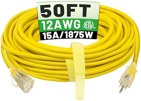 50 ft 12/3 Outdoor Extension Cord Waterproof Heavy Duty with Lighted Indicator End 12 Gauge 3 Prong, Flexible Cold-Resistant Long Power Cord Outside, 15Amp 1875W SJTW Yellow ETL Listed