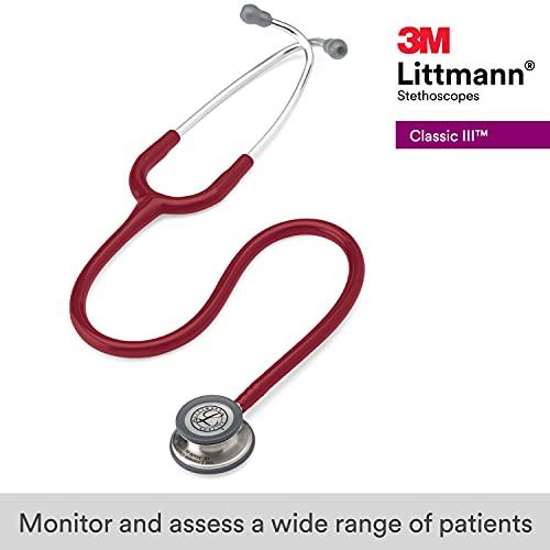 3M Littmann Classic III Monitoring Stethoscope, 5627, More Than 2X as Loud, Weighs Less, Stainless Steel Chestpiece, 27" Burgundy Tube