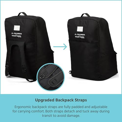 J.L. Childress Padded Backpack Car Seat Bag - Travel Bag for Airplane, Fits Most Baby & Infant Car Seats, Boosters, & Carriers, Accessories for Gate or Baggage Check, AirTag Compatible - Deluxe, Black