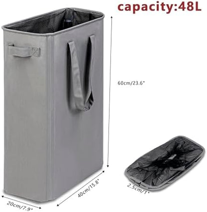 efluky Slim Laundry Basket, Narrow Laundry Hamper with Handles, Collapsible Dirty Clothes Hamper, Tall Laundry Bin for Laundry Room, Dorm and Bedroom, 12.7 Gallons(48L) Grey