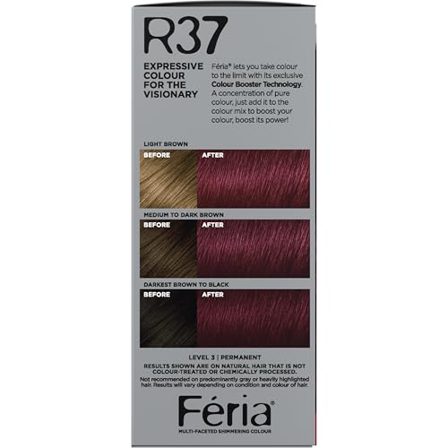 L'Oreal Paris Feria Multi-Faceted Shimmering Permanent Hair Color, R37 Blowout Burgundy (Deep Burgundy), Pack of 1, Hair Dye