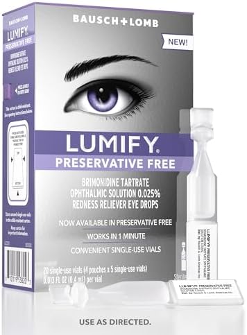 LUMIFY Redness Reliever Preservative Free Eye Drops, 20 Single Use Vials, Fast Acting, Only PF Drop for Whiter & Brighter Looking Eyes, Relieves Red Eyes, Works in 1 Min, Lasts Up to 8 Hours