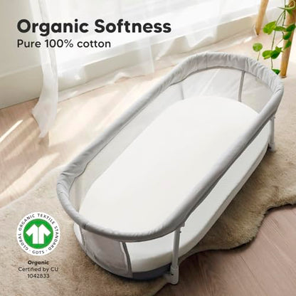 2-Pack Organic Bassinet Sheets for Girls, Boys - 100% Cotton Bassinet Mattress Sheets Compatible with Halo Bassinest Swivel Sleeper,Graco,Baby Delight,Chicco,Unisex Fitted Bassinet Sheets(Soft White)