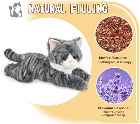 Gray Tabby Cat Stuffed Animals, Microwavable Stuffed Animal Adorable Fluffy Cat Plush for Warmth & Comfort, Heatable & Coolable Lavender Scent Cat Toys, Cute Soft Plushies Cat Gifts for Kids & Adults