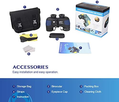 AOMEKIE 7X50 Marine Waterproof Binoculars for Adults with Illuminated Rangefinder Compass BAK4 IPX7 for Boating Military Navigation Hunting Fishing Water Sports