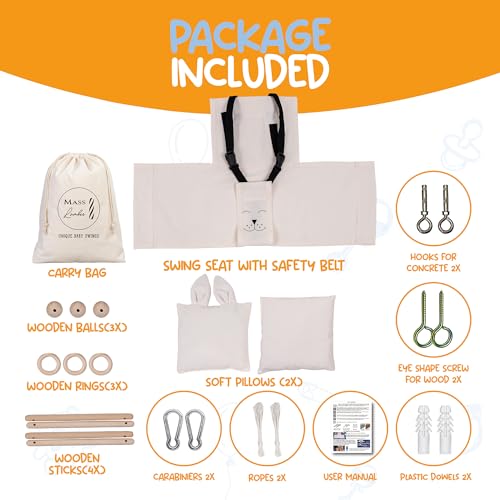 Indoor Outdoor Baby Swing with 3-Point Harness and Hardware for Ceiling, Porch, Doorway, Canvas Baby Swing Outdoor Toddler Swing Seat Beige