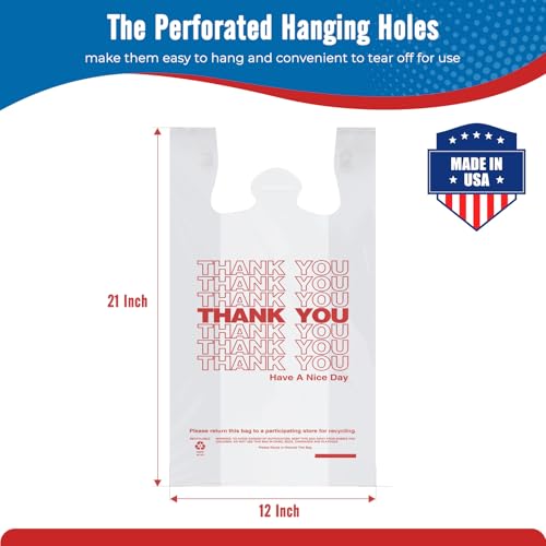 Fuxury 1000 Count Thank You Plastic Bags (12" x 6.5" x 21") White, T-shirt, Grocery, Take Out, To Go, Retail Shopping Bags in Bulk (Made in USA)