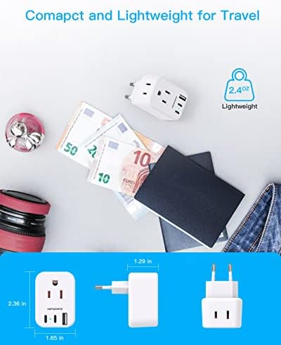 European Plug Adapter, HANYCONY International Power Adapter, US to Europe Adapter Plug 2 Outlets 3 USB Ports(2 USB C), Type C Plug Adapter to Italy Spain France Portugal Iceland Germany