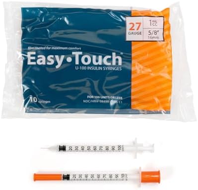 Easy Touch U-100 Insulin Syringe with Needle, 27G 1cc 5/8-Inch (16mm), Box of 100