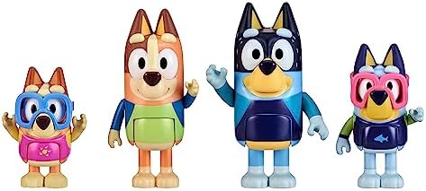 Bluey Figure 4-Pack, Family Beach Day 2.5-3 Inch, Bingo, Bandit and Chilli Character Figures with Accessories