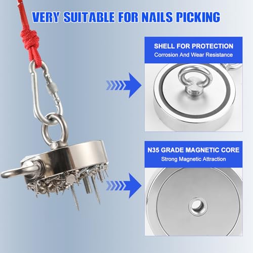 DIYMAG Strong Double Side Neodymium Fishing Magnets,750 lbs(340KG) Pulling Force Rare Earth Magnet with 20m (65 Foot) Durable Rope and Protective Gloves,for Retrieving in River and Magnetic Fish