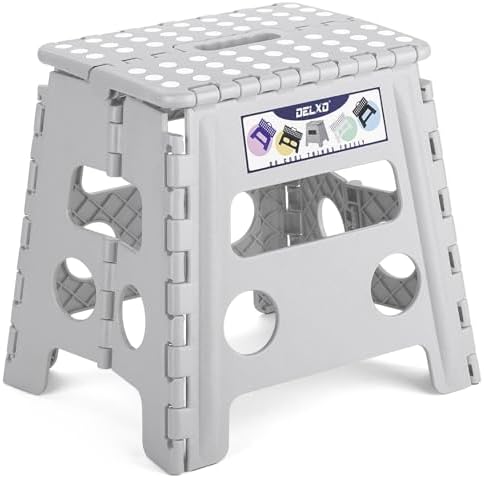 Delxo Folding Step Stool, 13 inch Non-Slip Foldable Stools Up to 300 LBS, Step Stool with Handle, Lightweight for Kitchen, Bathroom, Bedroom, Garden, Grey, 1PC