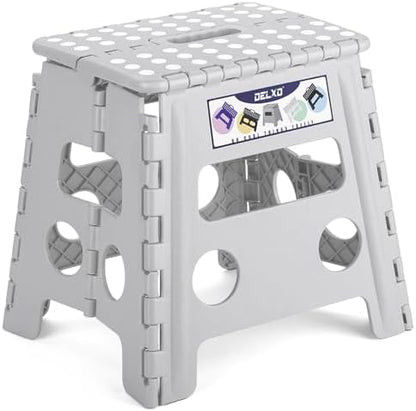 Delxo Folding Step Stool, 13 inch Non-Slip Foldable Stools Up to 300 LBS, Step Stool with Handle, Lightweight for Kitchen, Bathroom, Bedroom, Garden, Grey, 1PC