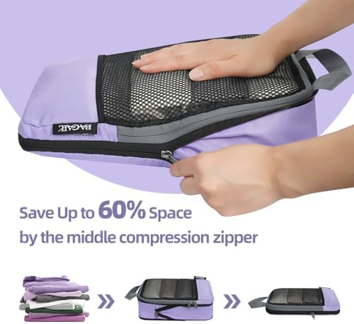 BAGAIL 4 Set/6 Set/8 Set Compression Packing Cubes Travel Accessories Expandable Packing Organizers (Half Mesh, 6-Lavender)