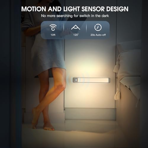 14.7inch Under Cabinet Lighting, 2 Pack Rechargeable Motion Sensor Light Indoor, 5 Levels Dimmable Magnetic Closet Lights, Wireless Under Counter Lights for Kitchen, Stairs,Hallway