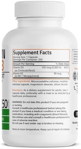 Bronson Vitamin K2 (MK7) with D3 Supplement Non-GMO Formula 5000 IU Vitamin D3 & 90 mcg K2 MK-7 Easy to Swallow D & K Complex, 250 Capsules