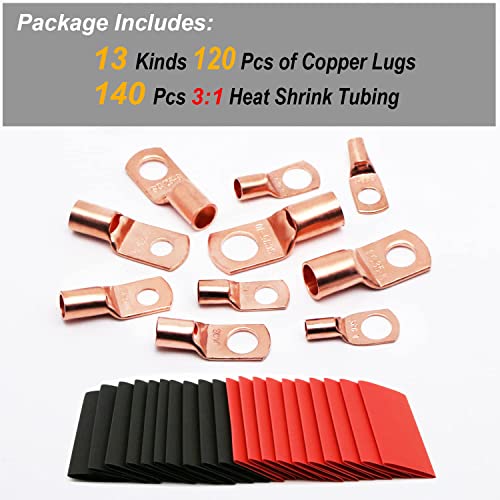 TKDMR 260Pcs Copper Wire Lugs AWG2 4 6 8 10 12 with Heat Shrink Set, 120Pcs Battery Cable Lugs Battery Cable Ends Ring Terminals Connectors with 140Pcs Heat Shrink Tubing Assortment Kit