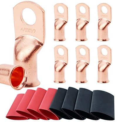 TKDMR 8pcs 4/0 AWG-1/2 Battery Lugs,Heavy Duty Wire Lugs,Ring Terminals,Battery Cable Ends,0 Guage terminals,Battery Terminal Connectors with 8pcs 3:1 Heat Shrink Tubing