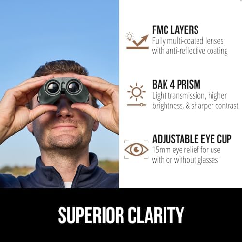 GORILLA GRIP 10x25 Compact Binoculars for Adults with Strap, Superior High Powered Clear 10X Magnification, Lightweight, Bird Watching, Hunting, Stargazing, Adjustable Eye Cups, Green