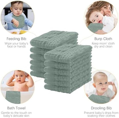 12 Pack Muslin Burp Cloths 100% Cotton Muslin Cloths Large 20''x10'' Extra Soft and Absorbent Baby Burping Cloth - Green