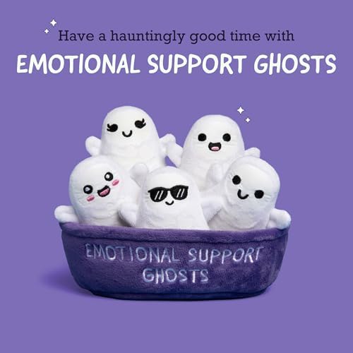 WHAT DO YOU MEME? Emotional Support Ghosts by Relatable, Cuddly Stuffed Animals, Plushies, and Cute Stuff, Great Gift Ideas for Loved Ones of All Ages, Includes 5 Plushies with Carrying Basket