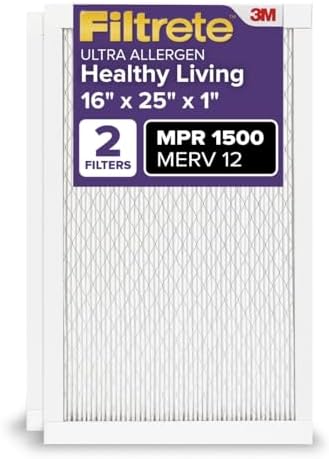 Filtrete 16x25x1 AC Furnace Air Filter, MERV 12, MPR 1500, CERTIFIED asthma & allergy friendly, 3 Month Pleated 1-Inch Electrostatic Air Cleaning Filter, 2-Pack (Actual Size 15.69 x 24.69 x 0.78 in)