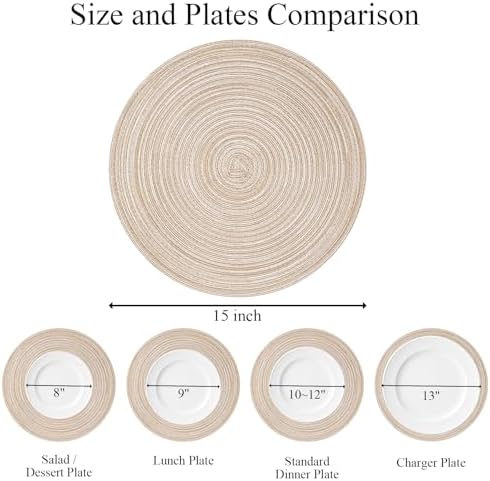 SHACOS 15 inch Round Braided Placemats Set of 6 Non Slip Heat Resistant Cotton Polyester Table Mats Washable Place Mats for Dinner Party Table Decoration (Beige, 6)