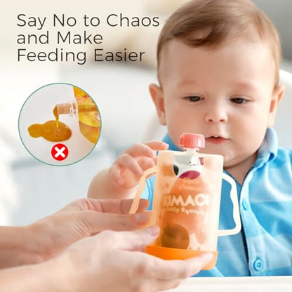 Momcozy Squeeze Pouch Holder for Food Pouches and Drink Boxes, Baby Pouch Holder Allows Baby to Self-feed and Avoid Messes, Baby Food Pouch Holder Handle is Easy to Grip, Comfortable, Green&Orange