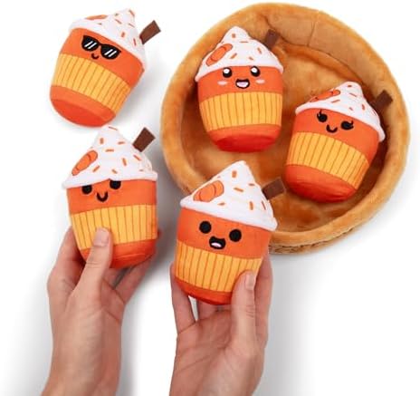 Emotional Support Lattes by Relatable, Fall Plushies Stuffed Animal Toy, Perfect Small Gift for Coffee Lovers, Gift Baskets, and Loved Ones of All Ages, Includes 5 Fall Plushies with Carrying Basket