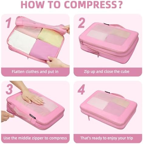 BAGAIL 4 Set/6 Set/8 Set Compression Packing Cubes Travel Accessories Expandable Packing Organizers (Square Mesh, 06-Pink)