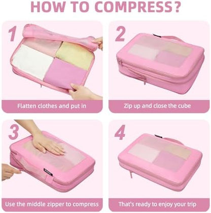 BAGAIL 4 Set/6 Set/8 Set Compression Packing Cubes Travel Accessories Expandable Packing Organizers (Square Mesh, 06-Pink)