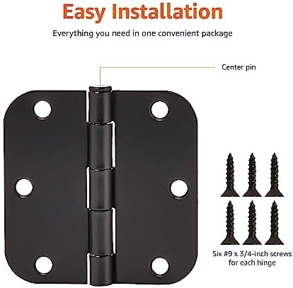Amazon Basics Sturdy Rounded 5/8 Radius Interior Door Hinges, 3.5" x 3.5", 18 Pack, Matte Black