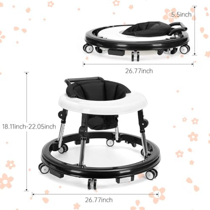Baby Walker Foldable with 9 Adjustable Heights, Baby Walker with Wheels Portable, Infant Toddler Walker for Baby Boy Girls 6-18 Months