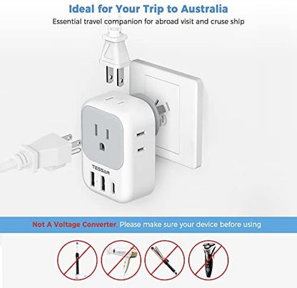 Australia New Zealand Power Adapter, TESSAN Type I Travel Adaptor with 4 American Outlets 3 USB Charger (1 USB C Port), Plug for US to Australian China Argentina Fiji Cook Islands AU